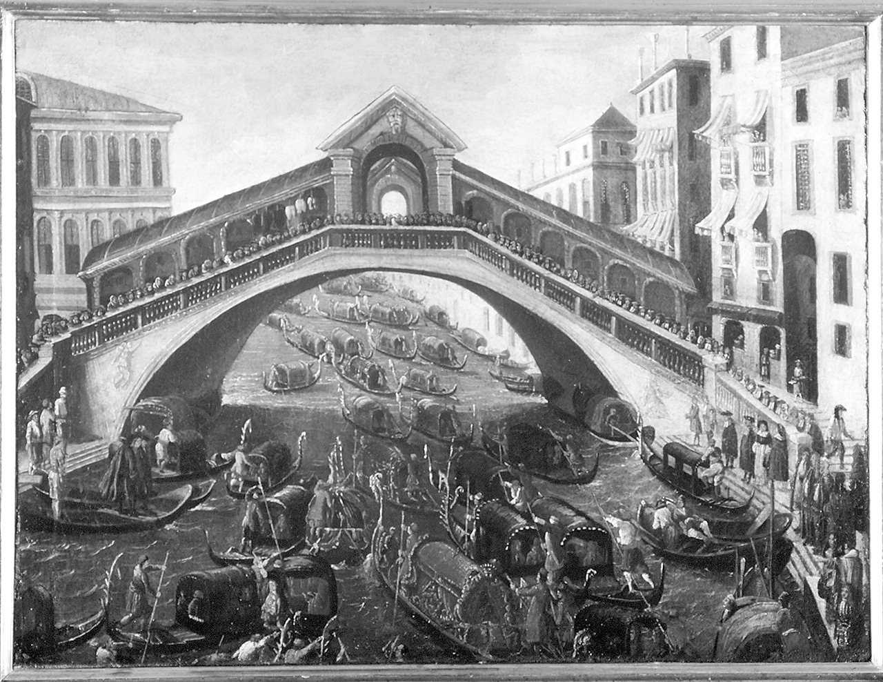 corteo di gondole sotto il ponte di Rialto a Venezia (dipinto) di Heintz Joseph (attribuito) (sec. XVII)