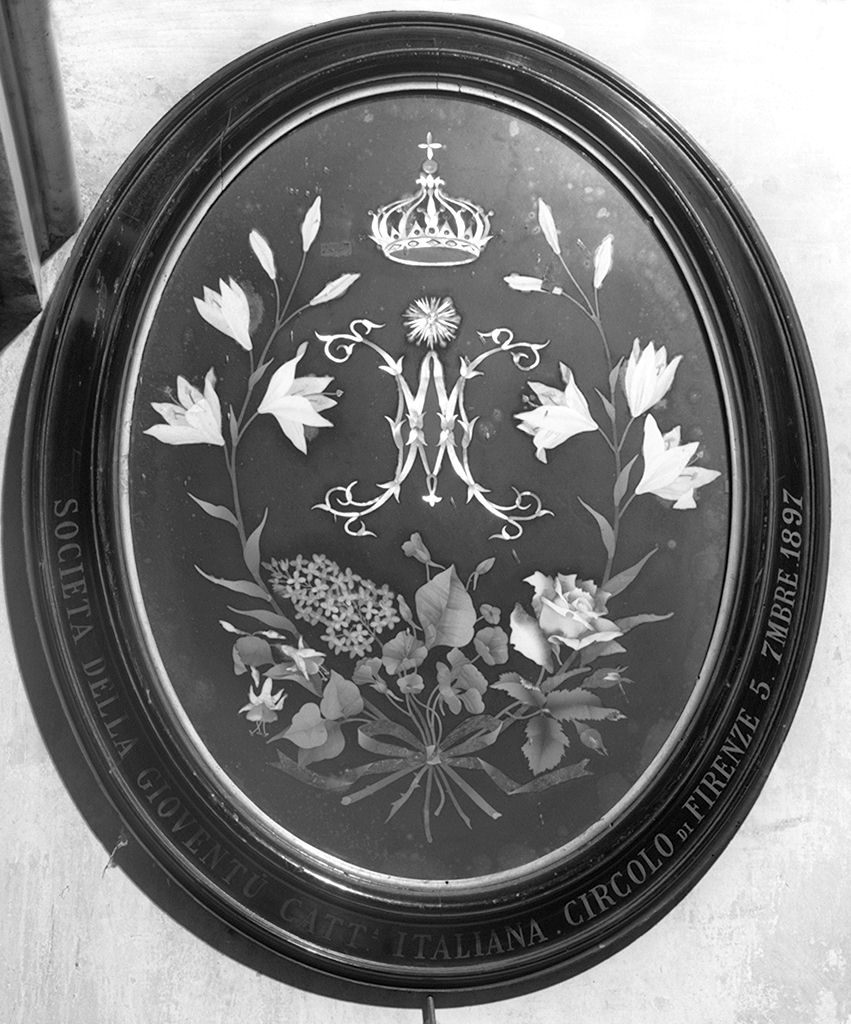 monogramma mariano tra fiori (decorazione a intarsio) - bottega fiorentina (sec. XIX)