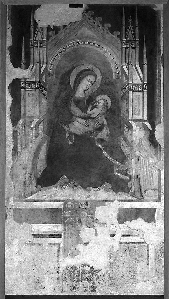 Madonna con Bambino in trono/ Cristo in pietà e simboli della passione (dipinto) di Giuliano di Simone da Lucca (fine sec. XIV)