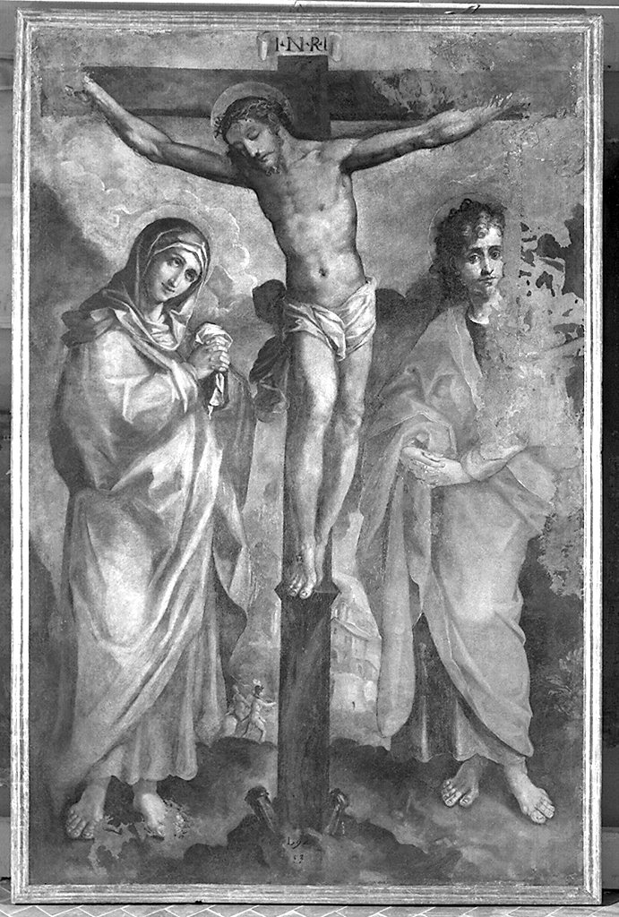 crocifissione di Cristo con la Madonna e San Giovanni evangelista, crocifissione di Cristo (dipinto) - ambito italiano (sec. XVI)