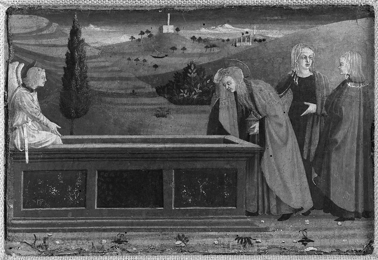 pie donne al sepolcro (scomparto di predella) - ambito aretino, ambito italiano (sec. XV)