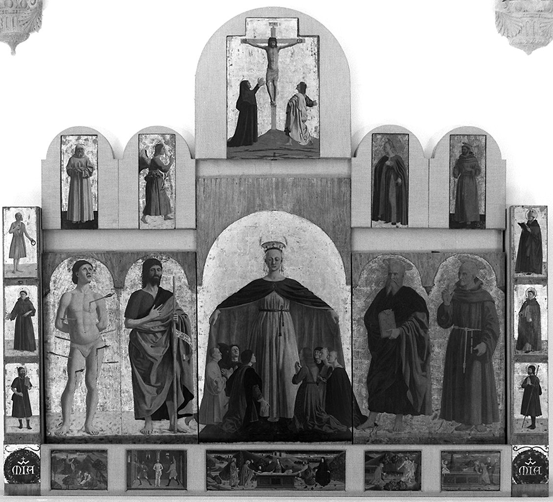 Madonna della misericordia e santi, storie della Passione di Cristo, Madonna della Misericordia (polittico) - ambito aretino (sec. XV)
