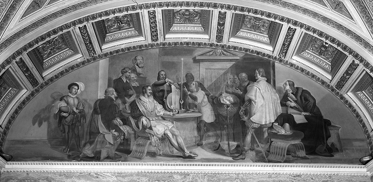 seduta dell'Accademia del Cimento alla presenza di Ferdinando II de' Medici granduca di Toscana, scena storica (dipinto) di Martellini Gasparo (sec. XIX)