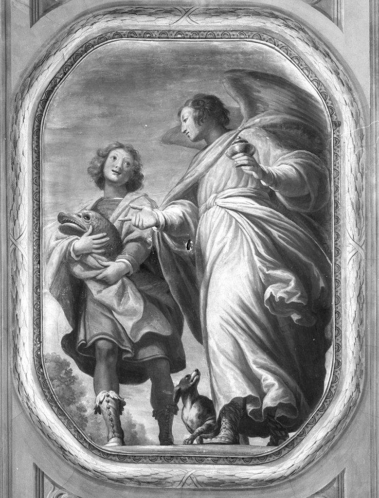 Tobia che porta il pesce e l'angelo (dipinto, complesso decorativo) di Rosselli Matteo (seconda metà sec. XVIII)