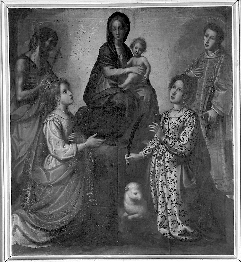 Madonna con Bambino tra San Giovanni Battista, San Lorenzo, Santa Caterinad'AlesSandria e Sant'Agnese, Madonna con Bambino e Santi (dipinto) di Curradi Francesco detto Battiloro (attribuito) (inizio sec. XVII)