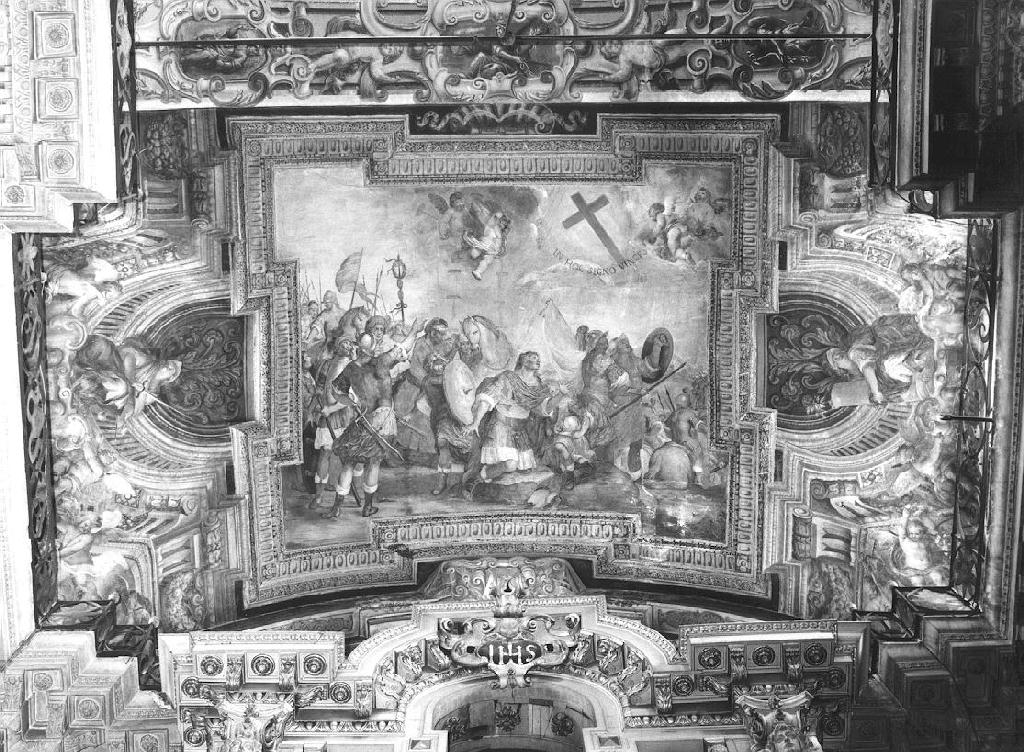 apparizione della croce a Costantino durante la battaglia di ponte Milvio (dipinto) di Carlone Giovanni Battista (attribuito), Brozzi Paolo (terzo quarto sec. XVII)