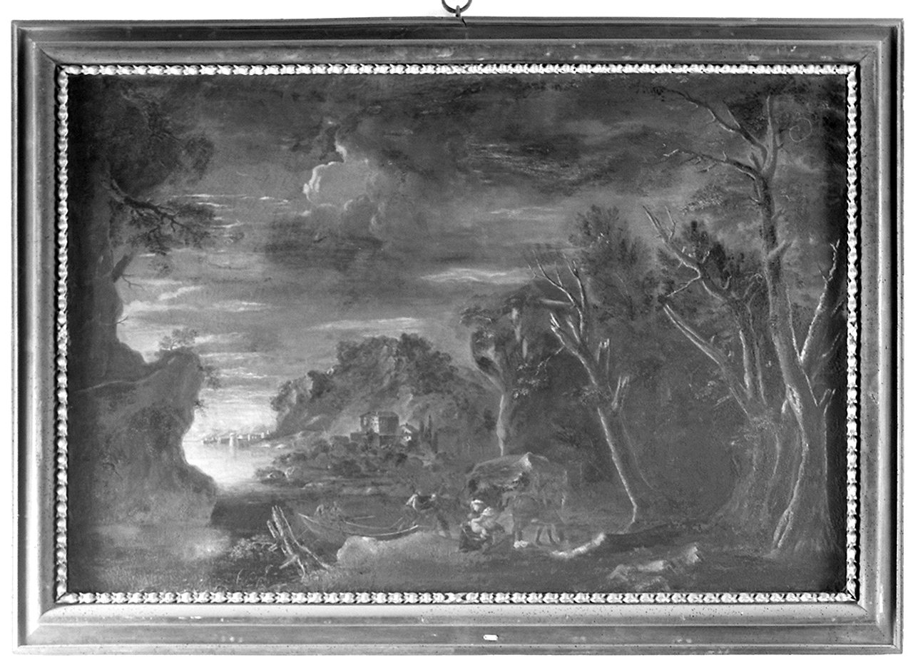 paesaggio con il riposo nella fuga in Egitto (dipinto) di Ricoveri Umberto (ultimo quarto sec. XVII)