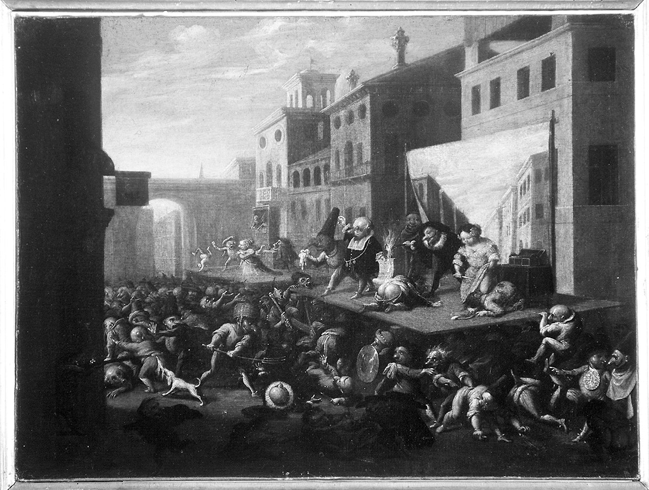 veduta di piazza con teatrino di nani (dipinto) di Bocchi Faustino detto Bamboccio (attribuito) (secc. XVII/ XVIII)