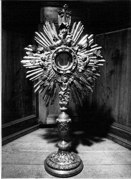 Dio Padre/ cherubini/ angeli/ motivi decorativi vegetali/ pellicano (ostensorio, opera isolata) - bottega ligure (sec. XIX)