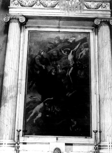 San Francesco di Paola in adorazione della Crocifissione (dipinto, elemento d'insieme) di Carlone Giovanni Andrea (seconda metà sec. XVII)