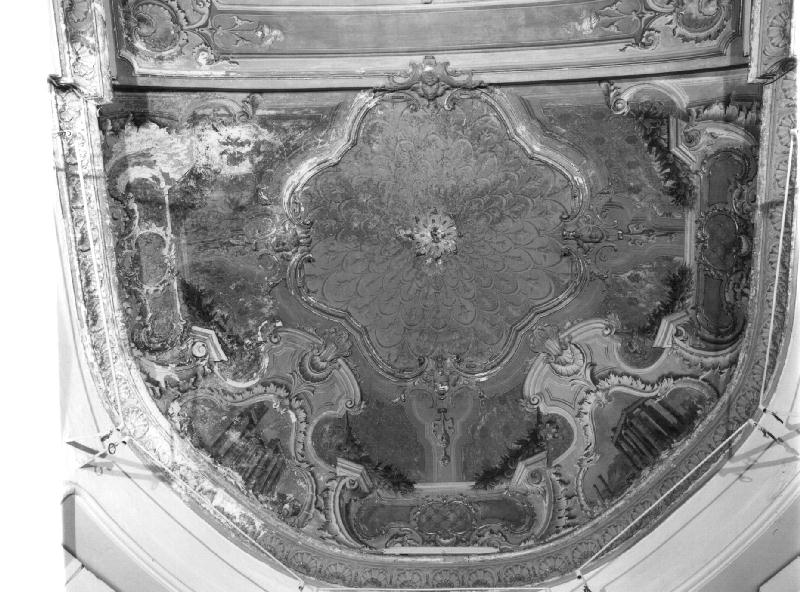 FESTONE CON FRUTTI E NASTRI/ PAESAGGIO CON ROVINE/ MOTIVI DECORATIVI VEGETALI/ MOTIVI DECORATIVI GEOMETRICI (dipinto, elemento d'insieme) - ambito ligure (inizio sec. XX)