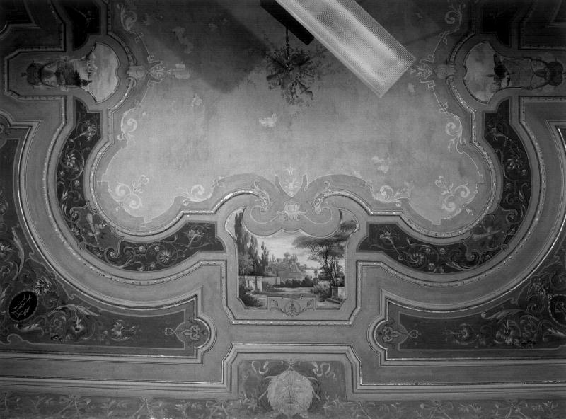 FESTONE CON FIORI/ PAESAGGIO/ MOTIVI DECORATIVI VEGETALI (dipinto, elemento d'insieme) - ambito ligure (inizio sec. XX)