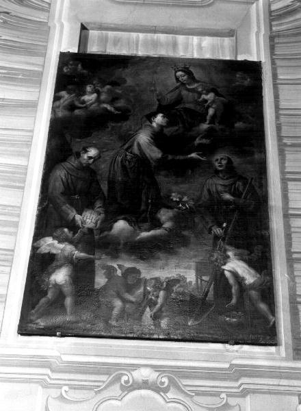 Madonna con Bambino, Sant'Antonio da Padova, San Bernardino da Siena e San Salvatore da Orta (dipinto, opera isolata) di Casone Giovanni Battista (sec. XVII)