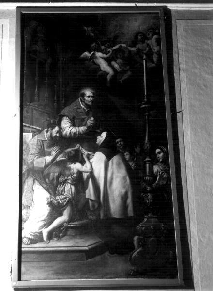 S. TERESA CHE RICEVE L'EUCARESTIA DA S.PIETRO D'ALCANTARA, Santa Teresa d'Avila riceve la comunione da San Pietro d'Alcantara (pala d'altare, elemento d'insieme) di Casone Giovanni Battista (sec. XVII)