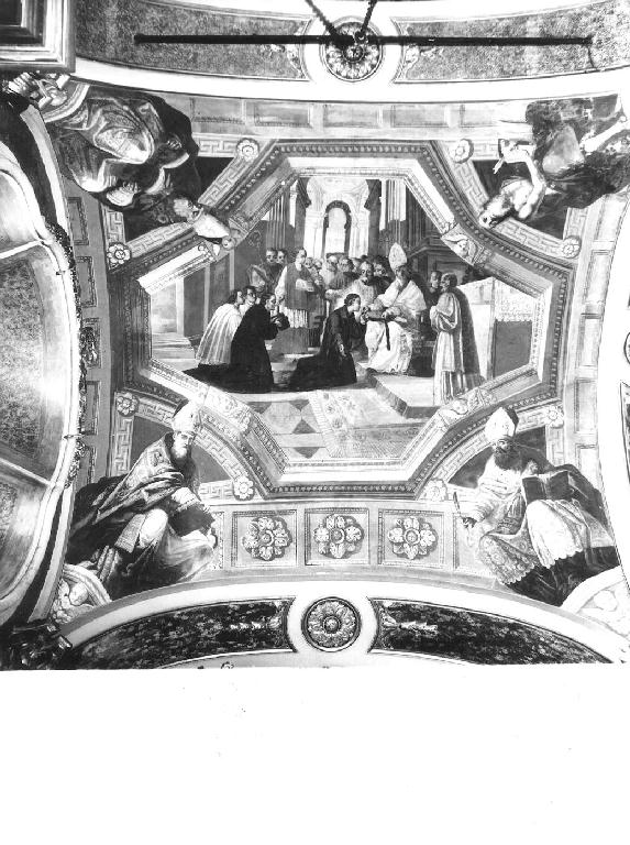 San Nicola da Tolentino consegna la santa cintura/ Padri della Chiesa (dipinto, opera isolata) - ambito ligure (primo quarto sec. XVII)