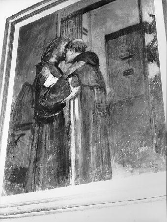 San Francesco d'Assisi abbraccia un frate cappuccino (dipinto) - ambito italiano (sec. XX)