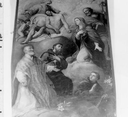 Madonna con San Filippo Neri, San Francesco, Sant'Antonio da Padova e San Giuseppe in adorazione della Trinità (dipinto) - ambito italiano (sec. XVII)