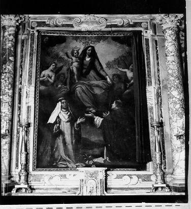 MADONNA DEL ROSARIO CON SAN DOMENICO E SANTA CATERINA DA SIENA (dipinto) di Ficherelli Felice detto Riposo (sec. XVII)