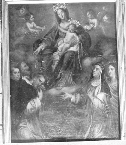 Madonna del Rosario tra angeli frati e suore domenicane (dipinto) - ambito italiano (sec. XVII)