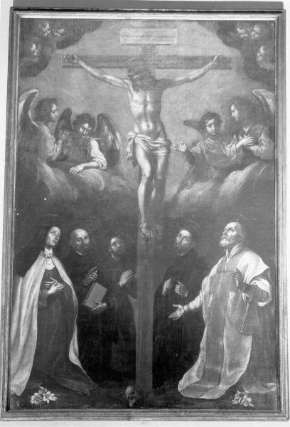 Cristo in croce con san Filippo Neri, santa teresa d'Avila, san Isidoro agricoltore, ADORAZIONE DELLA CROCE (dipinto) di Curradi Francesco (sec. XVII)