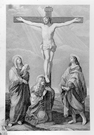 CROCIFISSIONE DI CRISTO CON LA MADONNA , SAN GIOVANNI EVANGELISTA E SANTAMARIA MADDALENA (stampa) - Ambito lunigianese (sec. XIX)