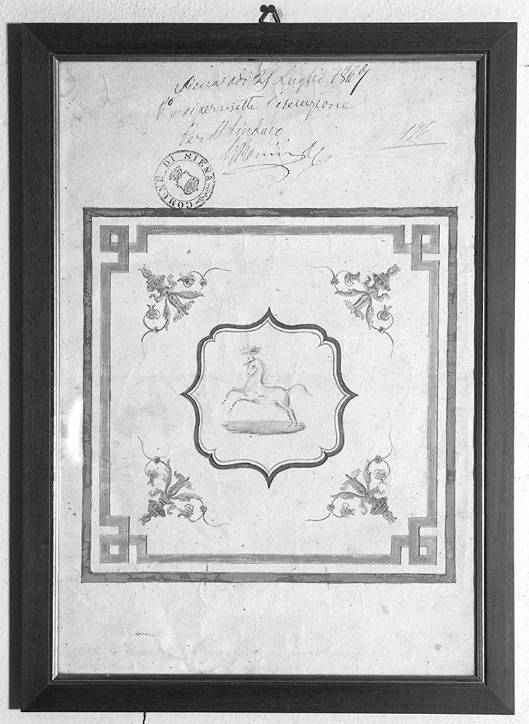 emblema della contrada del Leocorno e motivi decorativi geometrici e vegetali (disegno) - ambito senese (sec. XIX)