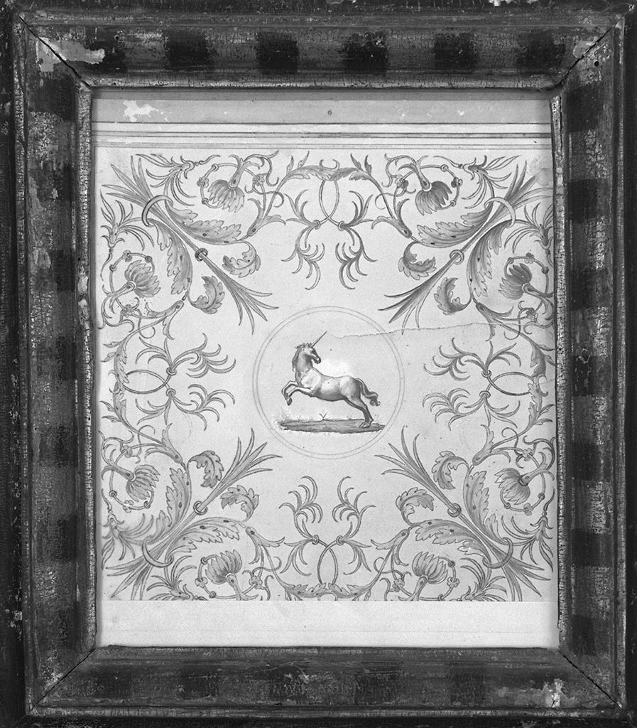 emblema della contrada del Leocorno e motivi decorativi vegetali (disegno) - ambito senese (prima metà sec. XIX)