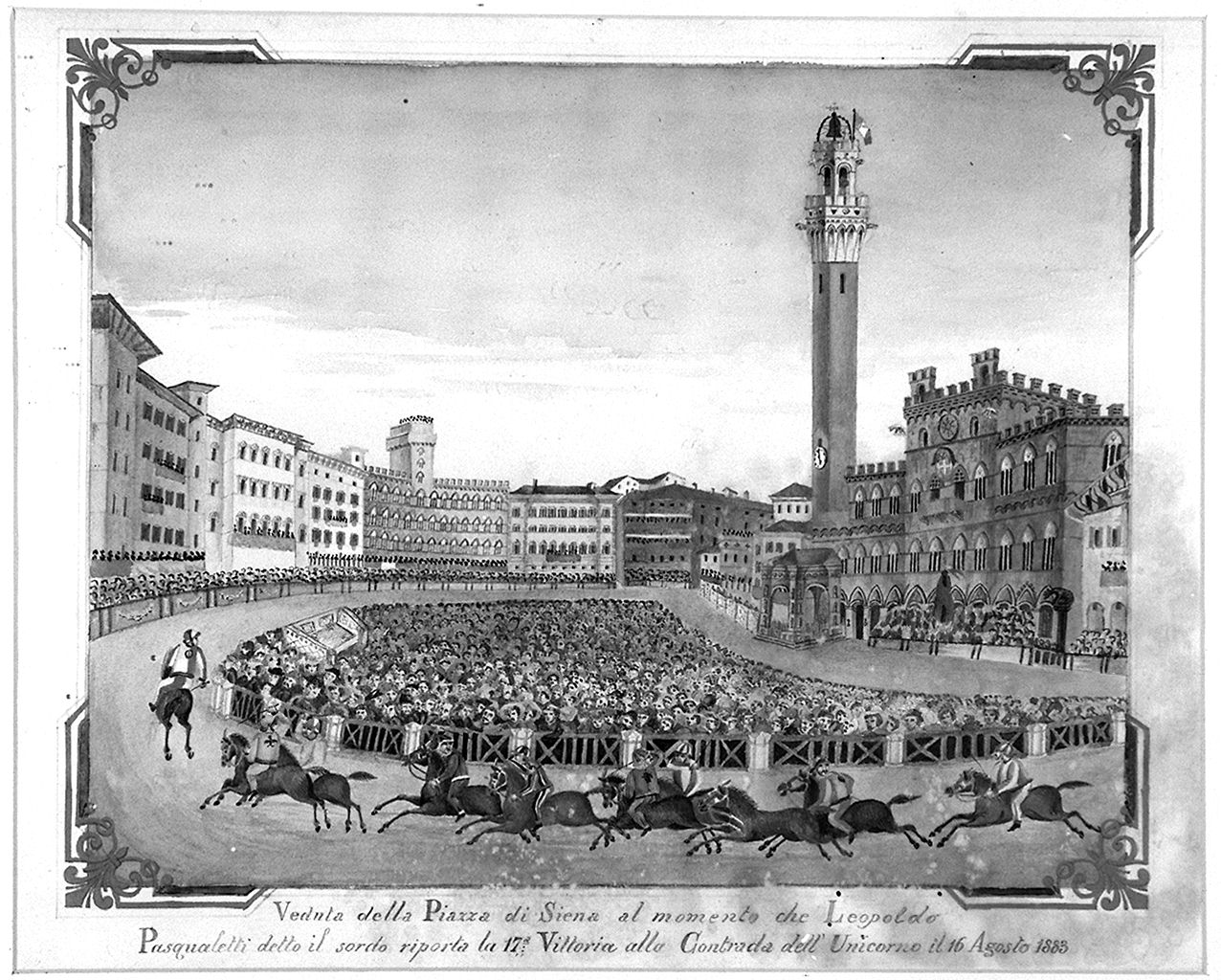 corsa del Palio di Siena con veduta di piazza del Campo (disegno) - ambito senese (sec. XIX)