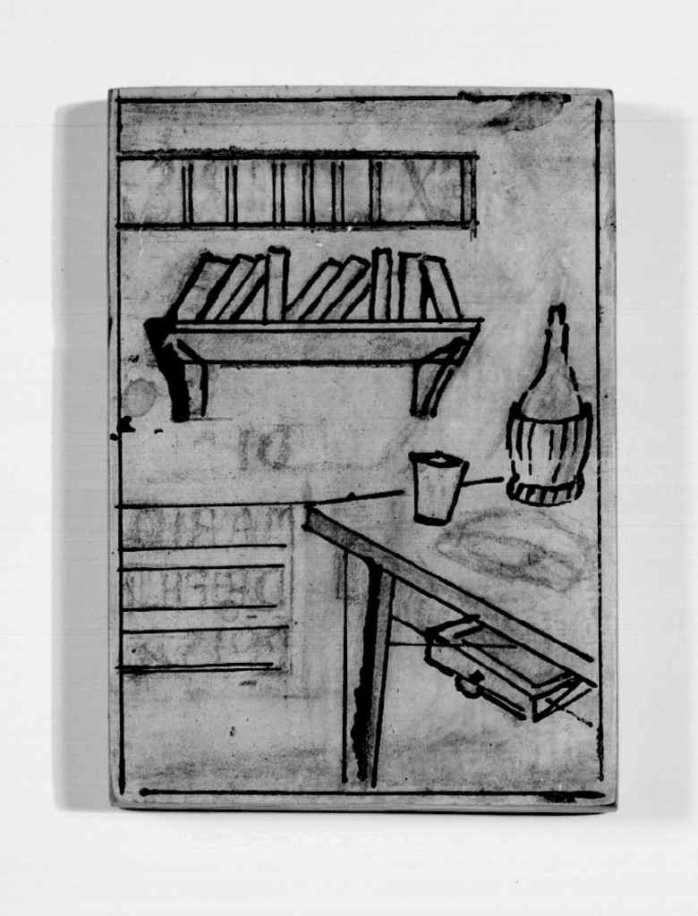 interno con tavolo, fiasco e scaffale con libri (matrice) di Parigi Pietro (sec. XX)