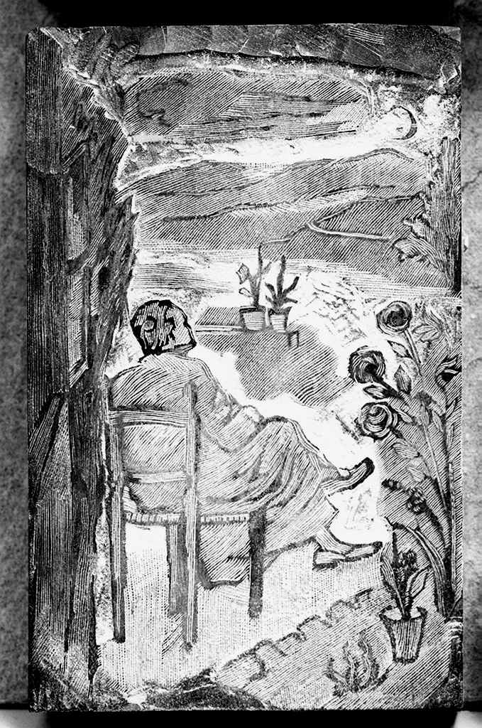 parroco seduto in giardino, figura maschile seduta (matrice) di Parigi Pietro (sec. XX)