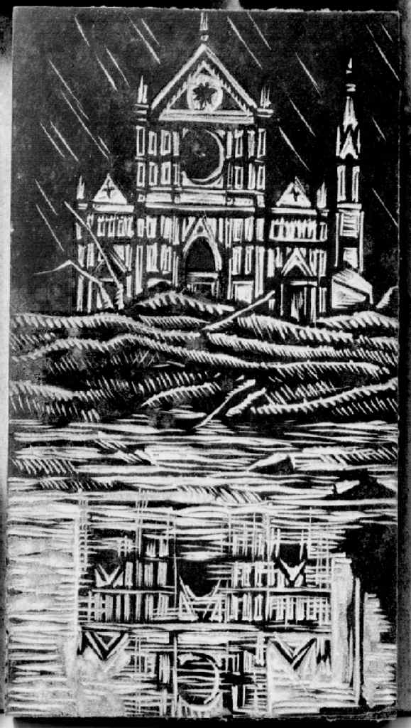 veduta della chiesa di Santa Croce a Firenze durante l'alluvione (matrice) di Parigi Pietro (sec. XX)