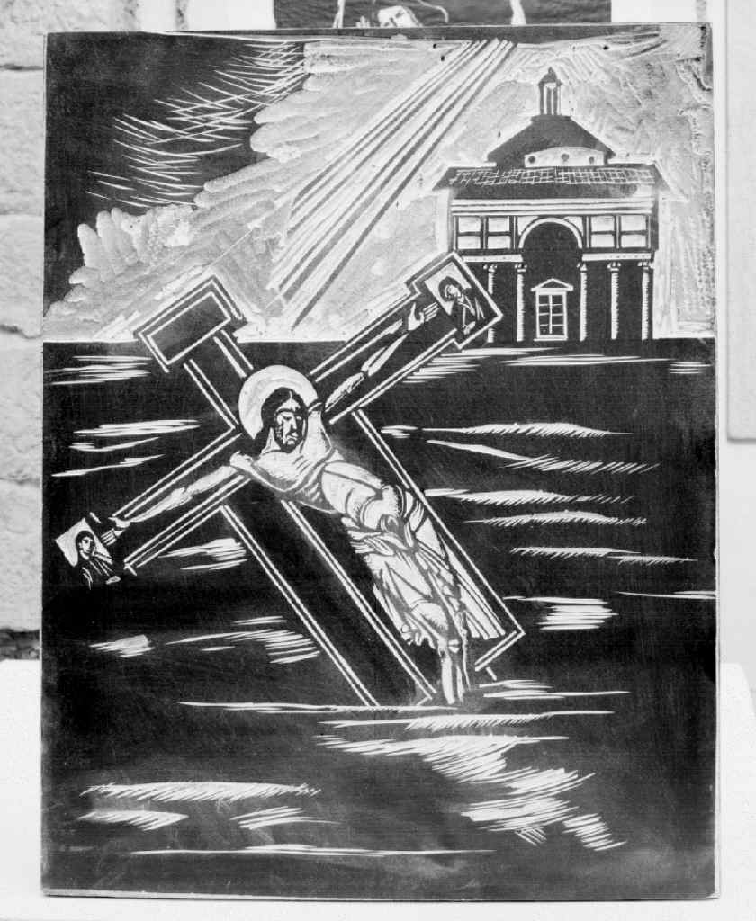 veduta della cappella Pazzi in Santa Croce a Firenze con il crocifisso di Cimabue tra le acque (matrice) di Parigi Pietro (sec. XX)