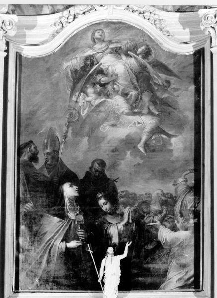 assunzione della Madonna con Santa Chiara, Santa Caterina d'Alessandria, San Francesco d'Assisi, San Ludovico di Tolosa e Santo francescano (dipinto) di Ricchi Pietro (prima metà sec. XVII)