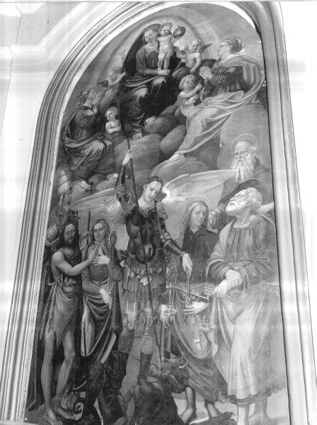 Madonna con Bambino in gloria, San Michele Arcangelo, San Genesio, San Pietro, San Francesco di Sales e San Giovanni Battista (dipinto) - ambito italiano (metà sec. XVI)