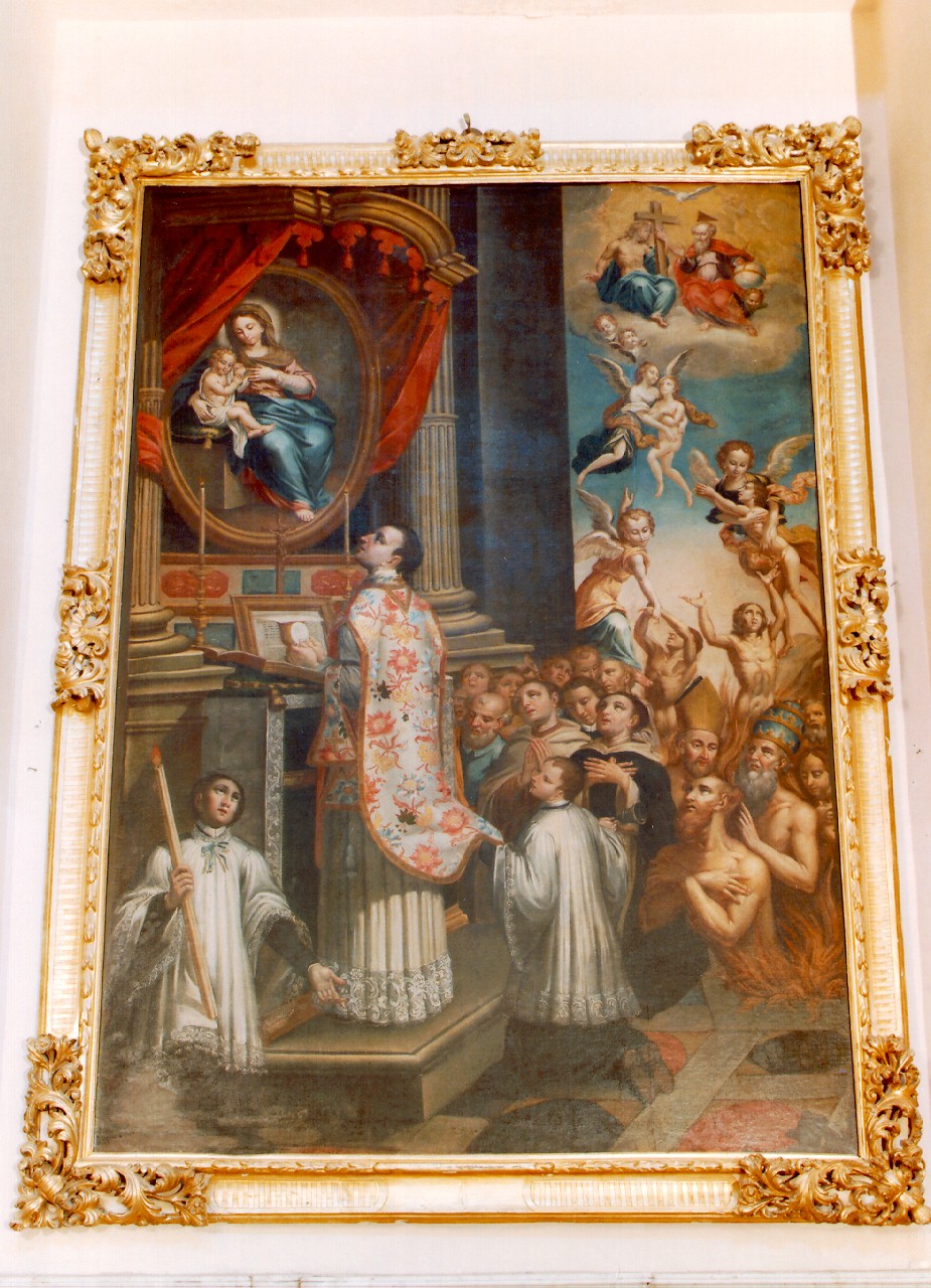 visione di San Filippo Neri durante la celebrazione in suffragio delle anime del purgatorio (dipinto) - ambito siciliano (sec. XIX)