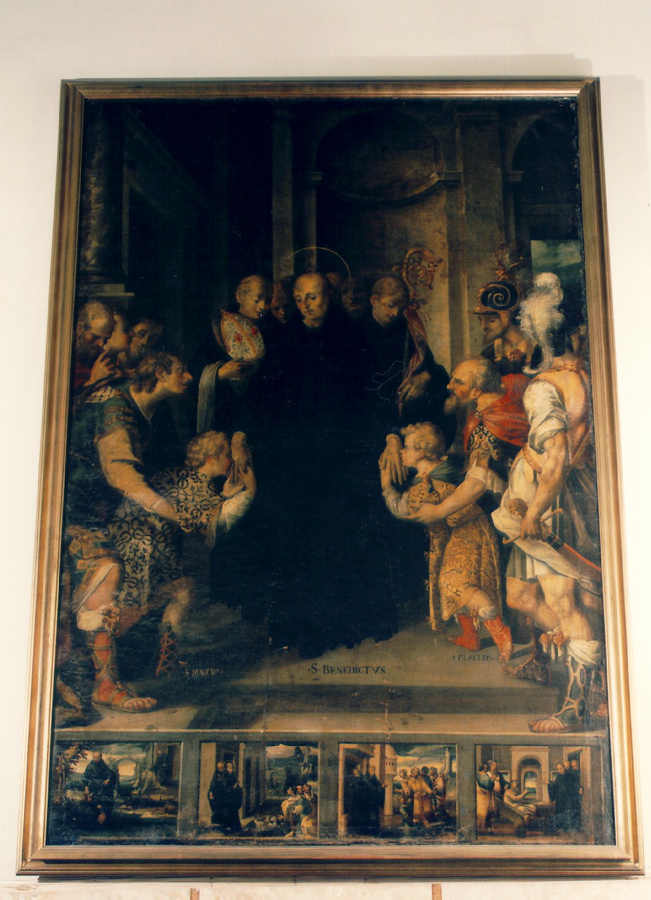 San Benedetto accoglie San Mauro e San Placido fanciulli e scene della vita di San Benedetto (dipinto) - ambito siciliano (sec. XVII)