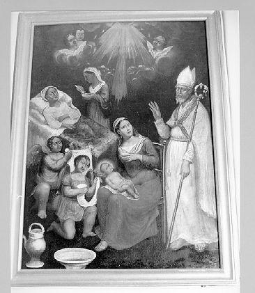 nascita di Maria Vergine e San Remigio (?) (dipinto) - bottega sarzanese (sec. XIX)