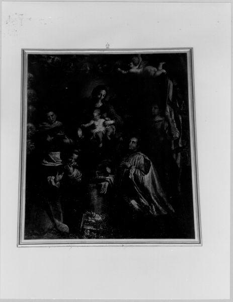 Madonna del Rosario con due Santi domenicani, San Luigi (?) e San Ginese (?) (dipinto) - ambito italiano (sec. XVII)