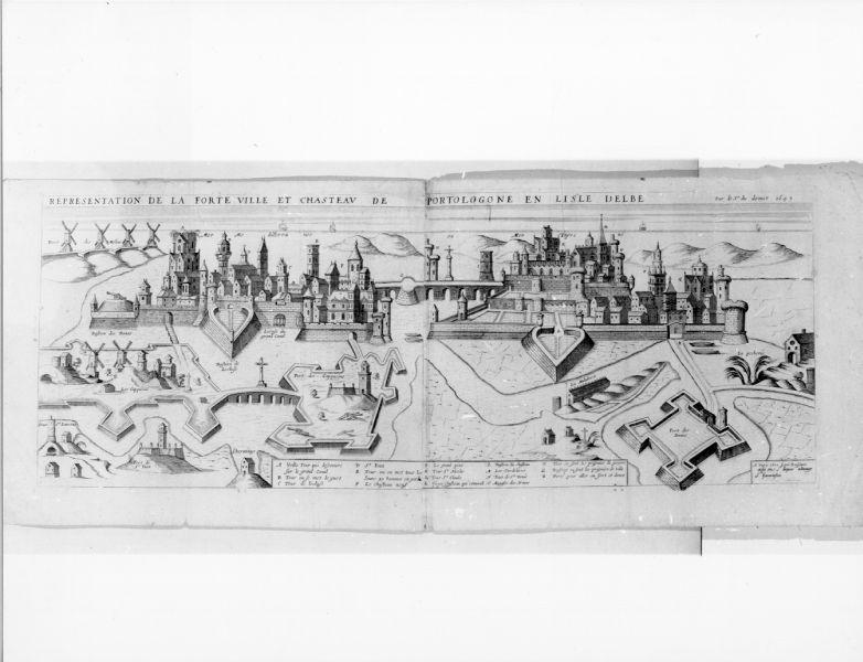 Representation de la Forte Ville et Chateau de Portolongone en l'Isle d'Elbe, veduta dell'Isola d'Elba (stampa) - ambito francese (sec. XVII)