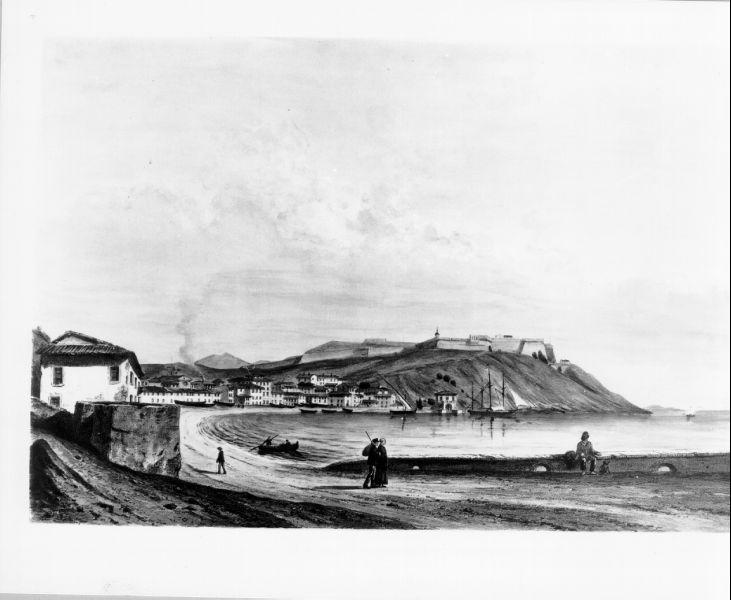 Le port et la fortesse de Porto Longone, veduta dell'Isola d'Elba (stampa) di Durand Andrè, Ciceri Eugene (sec. XIX)