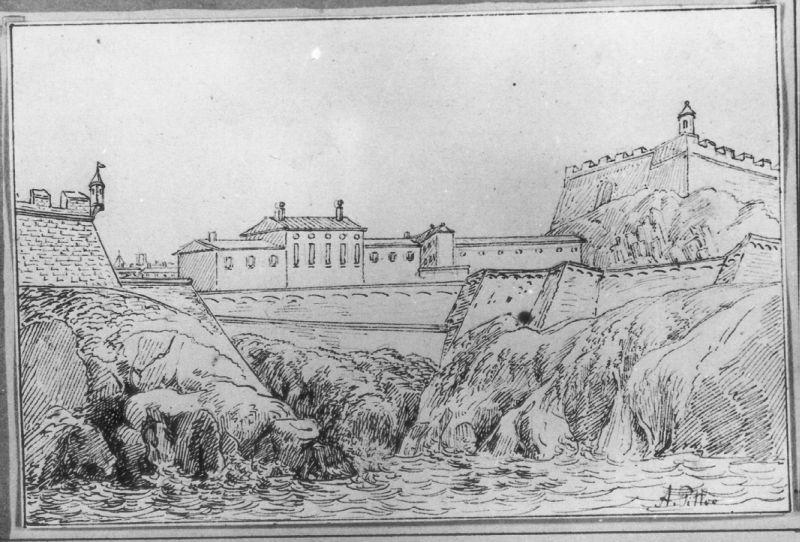 Le Palais de Buonaparte à l'isle d'Elbe, pris du cote de la mer, vu d'entreles fortres de Porto Ferrajo, paesaggio (disegno) di Pitloo Antoon Sminck (prima metà sec. XIX)