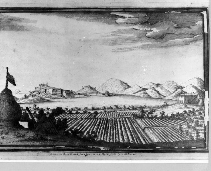 Veduta di Porto Ferraio fatta per la parte di Terra, dalla Casa del Duca, paesaggio (disegno) - ambito italiano (sec. XVII)