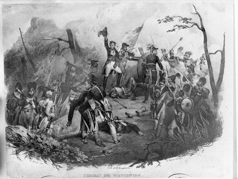 Combat de Watignies, scena di battaglia (stampa) di Adam Victor Jean Vincent, Engelmann Gottfried, Senn S (primo quarto sec. XIX)