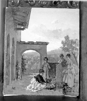 LE SIGNORE E IL CESTINO DI FIORI, PAESAGGIO ANIMATO (dipinto) di Lega Silvestro (sec. XIX)