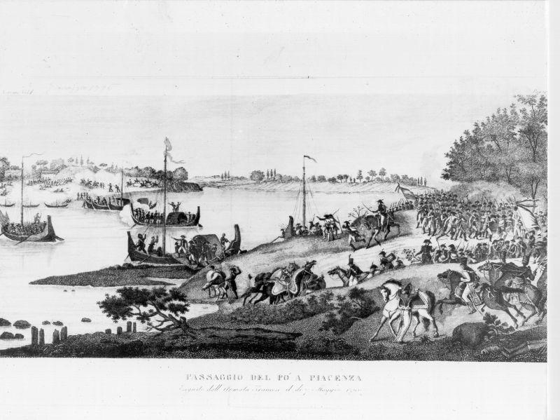 Passaggio del Po a Piacenza, storie della vita di Napoleone Bonaparte (stampa) - ambito italiano (sec. XIX)