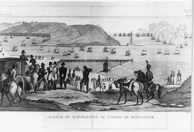Arrivo di Napoleone al campo di Boulogne, storie della vita di Napoleone Bonaparte (stampa) di Gellet (sec. XIX)