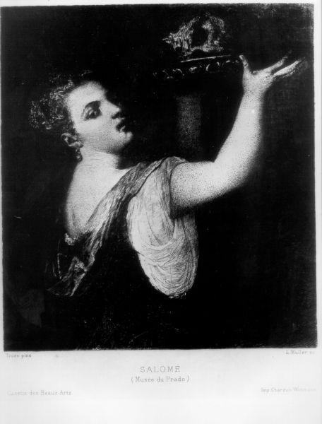 Salome con la testa di San Giovanni Battista sul piatto (stampa) di Vecellio Tiziano, Muller Louis Jean (seconda metà sec. XIX)