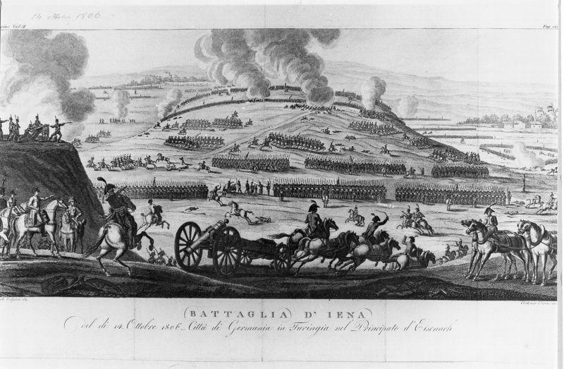 Battaglia d'Jena del di 14 ottobre 1806 citta' di germania in Turingia nel principato di Eisenach, scena di battaglia (stampa) di Volpini Angelo (sec. XIX)