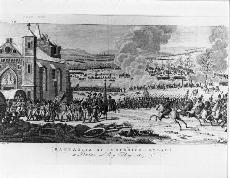 Battaglia di Preussich-Eylau in Prussia nel di 9 febbraio 1807, scena di battaglia (stampa) di Speinebizi (sec. XIX)