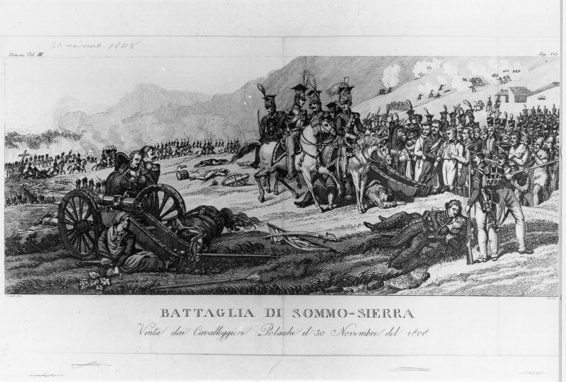 Battaglia di Sommo-Sierra vinta dai cavalleggieri polacchi il 30 novembre del 1808, scena di battaglia (stampa) di Vernet Horace (sec. XIX)